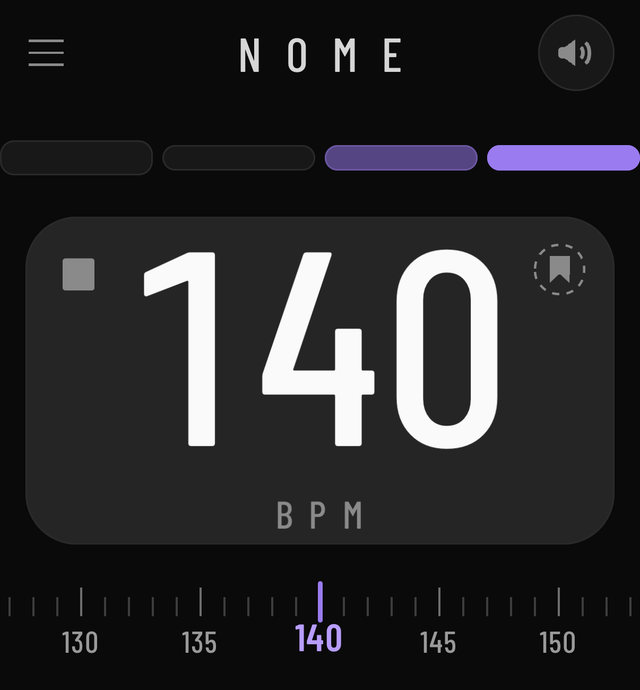 NOME metronome app showing 140 BPM on a dark tempo card